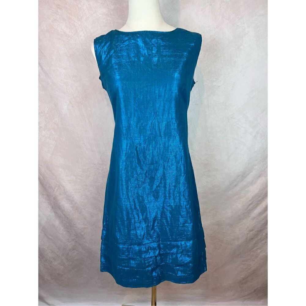 Vintage 1960s 70s Mod Metallic Blue Shift Dress Disco